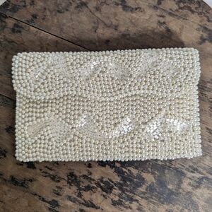 Vintage Made In China Clutch Evening Bag Pearls Beaded Cream